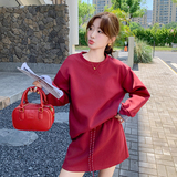 红色小个子穿搭甜美减龄显瘦卫衣休闲短裙两件套女2025年秋季新款，女装套装/套裙，2C007