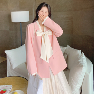 甜美知性粉色蝴蝶结西装上衣女春秋2025新款绝美超好看半身裙图片