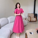 新中式火龙果色气质盘扣连衣裙女夏季2025新款收腰显瘦小众连衣裙，女装连衣裙，2C007