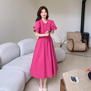 新中式火龙果色气质盘扣连衣裙女夏季2025新款收腰显瘦小众连衣裙图片