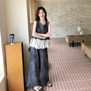 森系休闲风法式时尚套装蕾丝拼接显瘦阔腿裤时尚外穿牛仔夏季复古图片