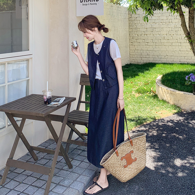 高级感牛仔马甲半身裙三件套女2025夏季新款牛仔连衣裙穿搭一整套,女装套装/套裙,2C007