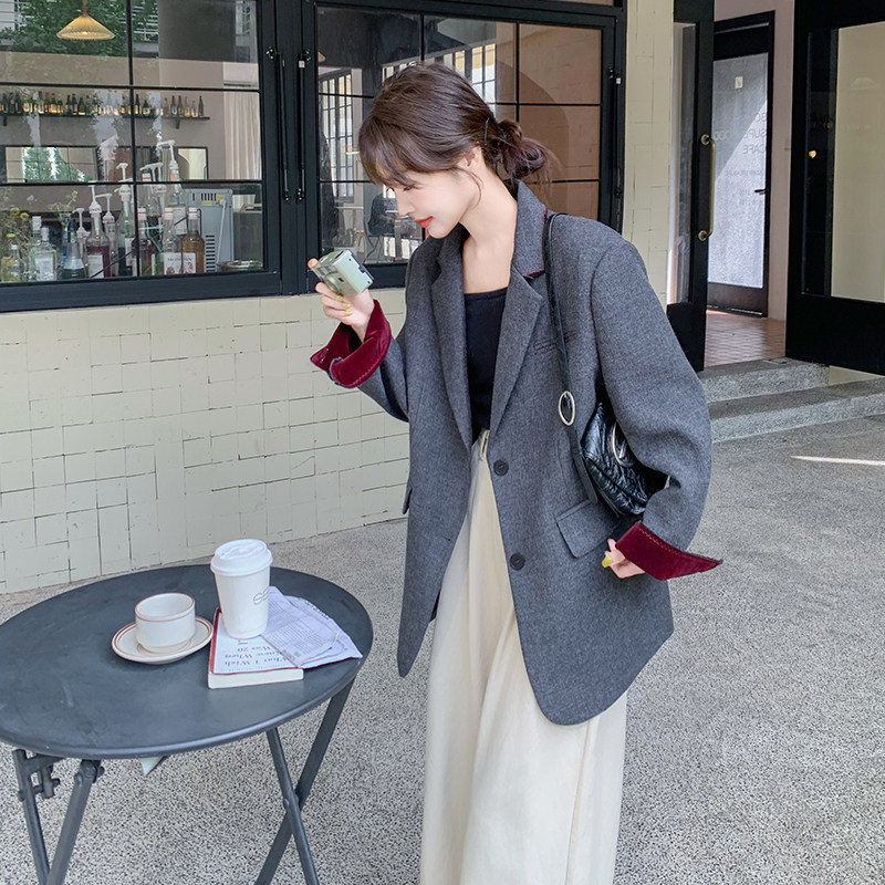 灰色韩系毛呢西装外套女2025冬季新款宽松休闲淡人穿搭炸街西服潮,女装毛呢外套,2C007