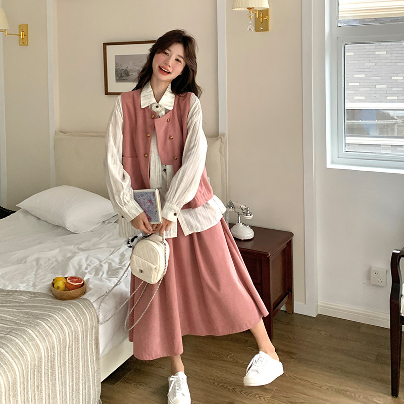 小个子粉色衬衫连衣裙马甲套装女2025春季新款设计感温柔风两件套图片