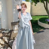 浅蓝色温柔系穿搭套装裙2025夏季新款超好看蕾丝拼接半身裙两件套，女装套装/套裙，2C007