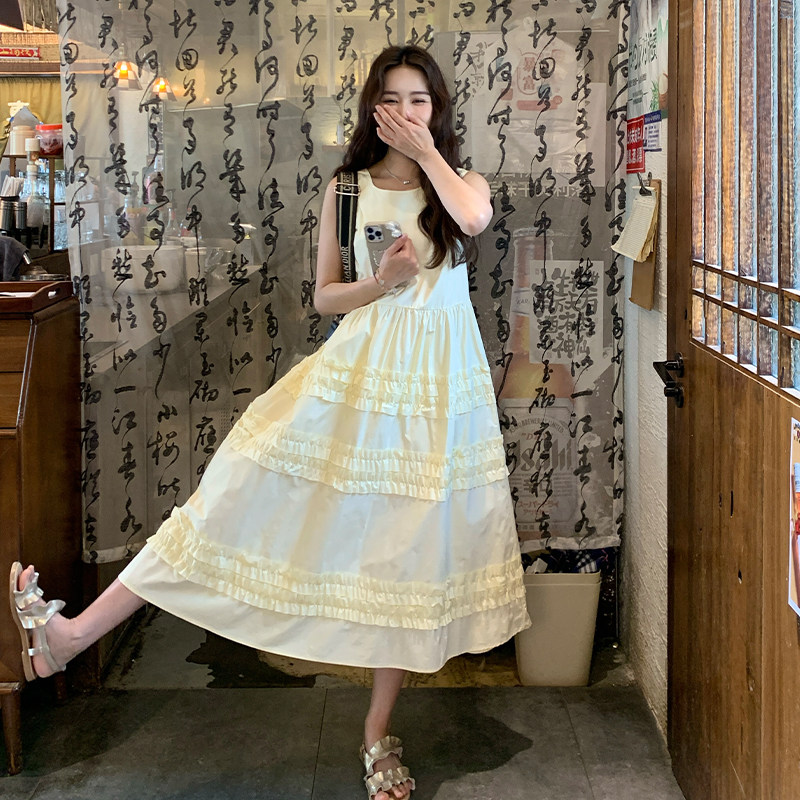 法式温柔风木耳边无袖背心连衣裙女夏2025新款奶黄色独特绝气图片