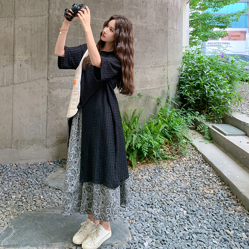 时尚套装女2025夏季新款小众高级感黑色针织上衣印花裤子两件套,女装连衣裙,2C007
