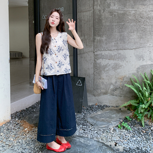 小清新刺绣花边菱格无袖背心套装女2025夏季新款高腰阔腿裤两件套图片