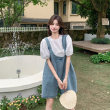 牛仔背带裤女2025夏季新款韩系学院风洋气减龄T恤短裤，女装连衣裙，2C007