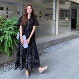 日系度假风蝴蝶结系带领口T恤两件套2025宽松显瘦印花阔腿裤套装，女装连衣裙，2C007