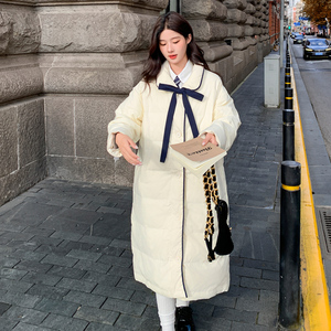 黑色韩版学院风羽绒服2025冬季新款甜美撞色包边白鸭绒中长款外套图片