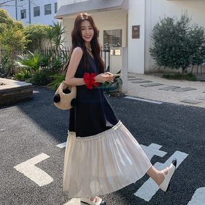 撞色拼接无袖v领连衣裙女2025夏季新款法式小香风气质显瘦背心裙图片