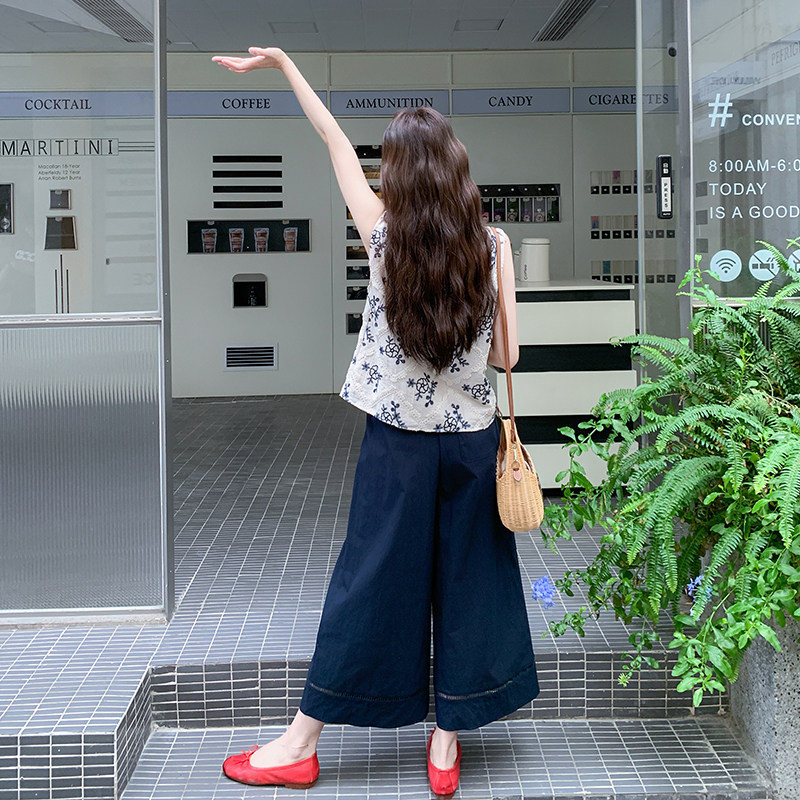 小清新刺绣花边菱格无袖背心套装女2025夏季新款高腰阔腿裤两件套,女装套装/套裙,2C007