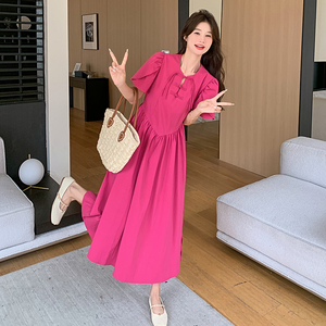 火龙果色新中式国风盘扣连衣裙女2025夏季新款法式独特泡泡袖长裙图片