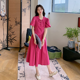 火龙果色新中式国风盘扣连衣裙女2025夏季新款法式独特泡泡袖长裙，女装连衣裙，2C007