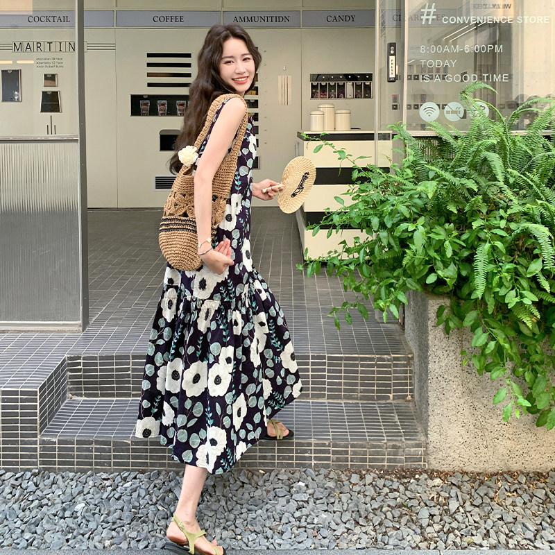 无袖大花朵印花背心裙女夏季202复古日系流行巨好看大方得体长裙,女装连衣裙,2C007