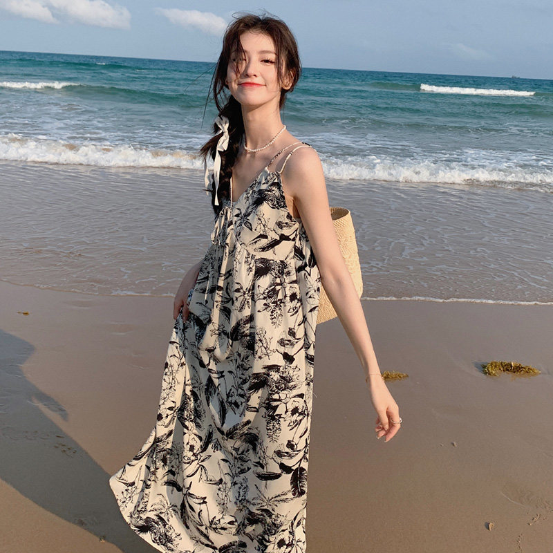 新中式国风水墨画碎花连衣裙女夏季2025新款设计感小个子吊带裙子,女装连衣裙,2C007