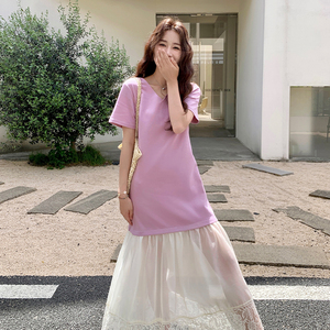 夏季新款宽松显瘦裙子2025法式气质v领蕾丝花边拼接短袖连衣裙女图片