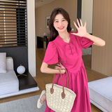 火龙果色新中式国风盘扣连衣裙女2025夏季新款法式独特泡泡袖长裙，女装连衣裙，2C007