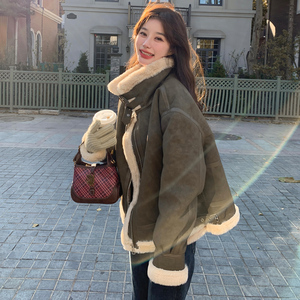 美式复古绿色机车服羊羔毛外套女秋冬韩系皮毛一体羊羔绒棉衣炸街图片