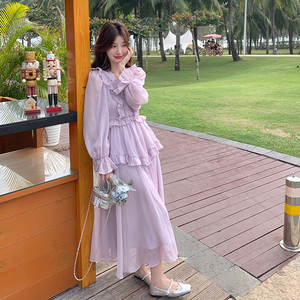 淡紫色荷叶边连衣裙女2025新款春季设计感减龄长袖百搭温柔风长裙图片