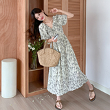 法式复古碎花连衣裙女2025夏季新款气质温柔风高腰显瘦V领茶歇裙，女装连衣裙，2C007