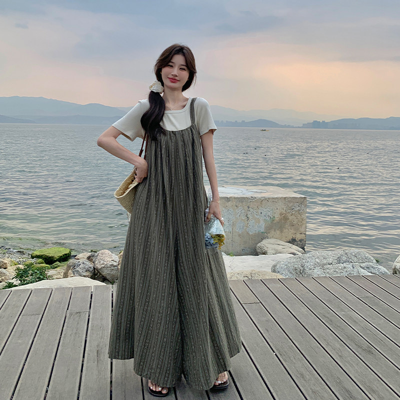 慵懒风条纹背带裤女2025夏季新款韩版宽松减龄休闲百搭连体阔腿裤,女装连体裤,2C007