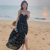 法式性感纯欲黑色连衣裙女2025超火夏季新款度假风漂亮碎花吊带裙，女装连衣裙，2C007