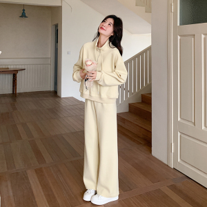 黄色慵懒风卫衣套装女2025春季新款韩系超火减龄休闲阔腿裤两件套图片