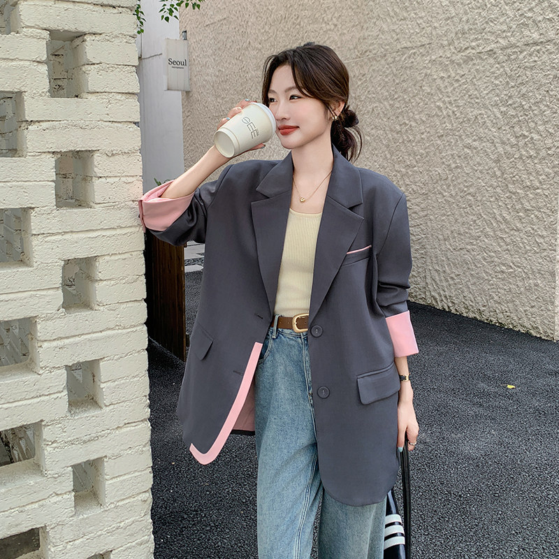灰色时尚拼接撞色西装外套女秋季2025新款复古休闲气质高级感西服图片