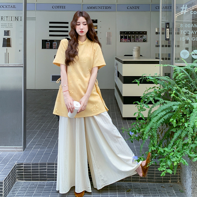 新中式文艺复古提花上衣两件套女2025夏季米白色宽松长裤日系套装,女装套装/套裙,2C007