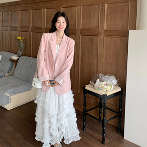 粉色西装裙女2025年春季新款韩系超好看甜美减龄蛋糕裙图片