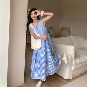 现货 蓝色格子拼接连衣裙 757-P115-K168图片