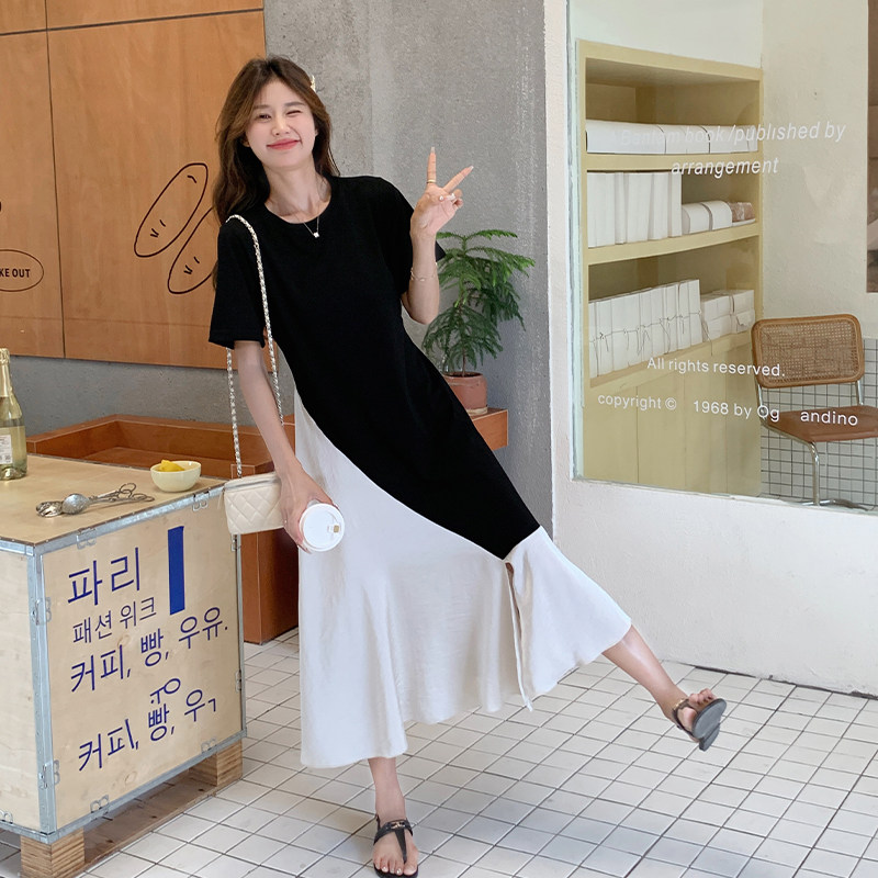 轻熟风短袖连衣裙2025新款女夏季黑色拼接撞色显瘦复古开叉鱼尾裙图片