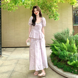 甜美浅紫色刺绣泡泡袖套装裙女夏季巨好看绝美漂亮半身裙两件套，女装套装/套裙，2C007
