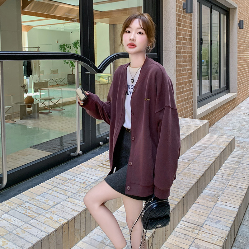 韩版宽松棒球服外套女2025春秋新款复古慵懒风小个子红色开衫上衣,女装短外套,2C007