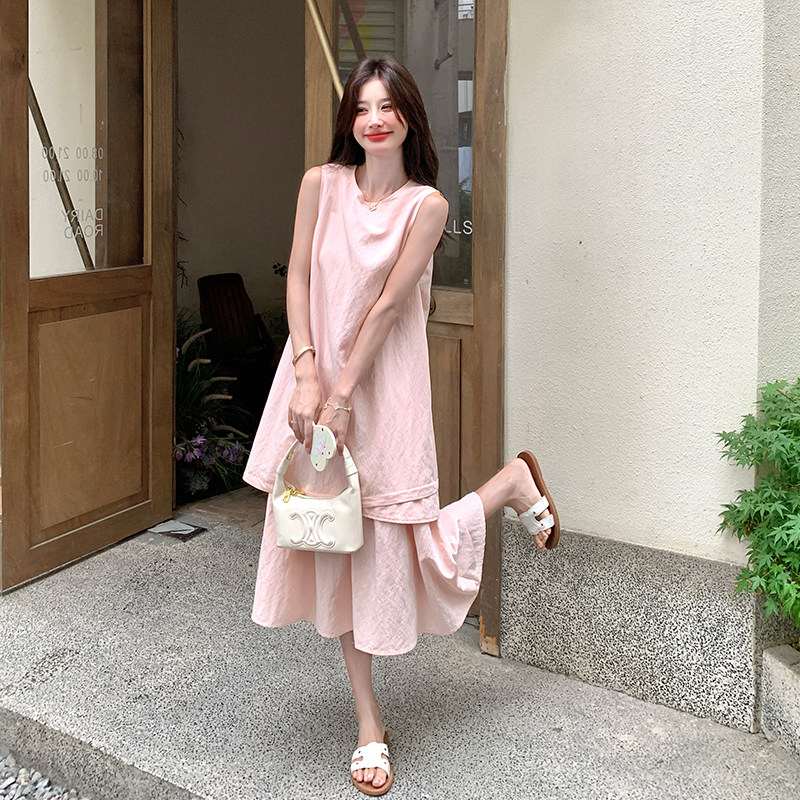 温柔风简约无袖连衣裙女2025夏季新款日系百搭休闲粉色假两件长裙,女装连衣裙,2C007