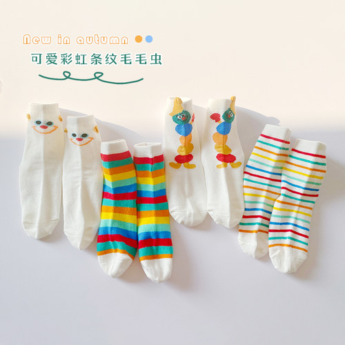 儿童袜彩虹条纹春秋冬韩版中筒袜