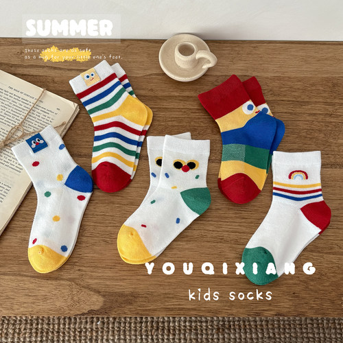 儿童春夏薄款彩虹卡通中筒网眼袜