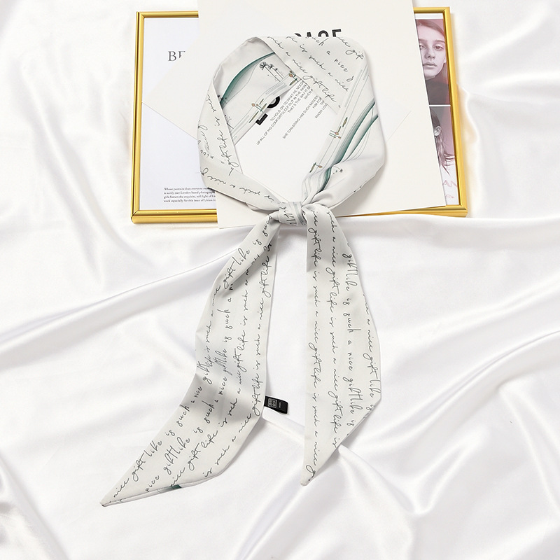 米白英文长条小丝巾女2024新款夏季妈妈护颈防晒搭配衬衫领巾围巾