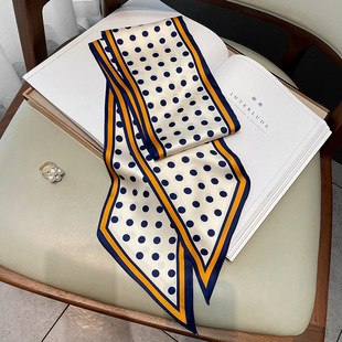 蓝白色黄边圆波点长条小丝巾女高级感百搭配衬衫装饰时尚飘带领巾