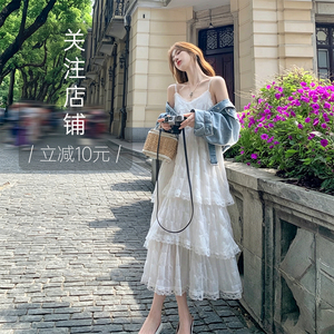 法式绝美蕾丝拼接海边度假吊带裙