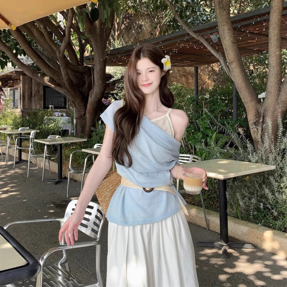2026夏季新款温柔露肩薄款叠穿外搭上衣荡领短袖针织衫女显瘦收腰