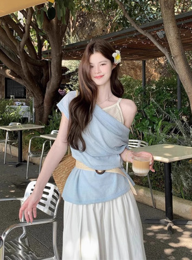 2026夏季新款温柔露肩薄款叠穿外搭上衣荡领短袖针织衫女显瘦收腰