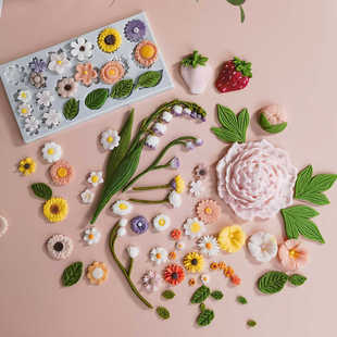 花朵硅胶模具牡丹花瓣铃兰雏菊绿叶子纹路印模翻糖蛋糕烘焙工具