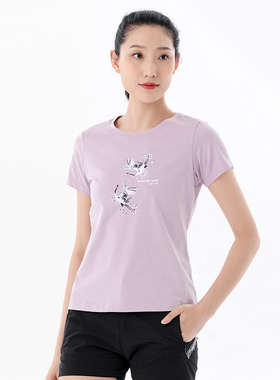 探路者T恤女2020夏季新款户外吸湿排汗圆领印花棉质短袖TAJI82820