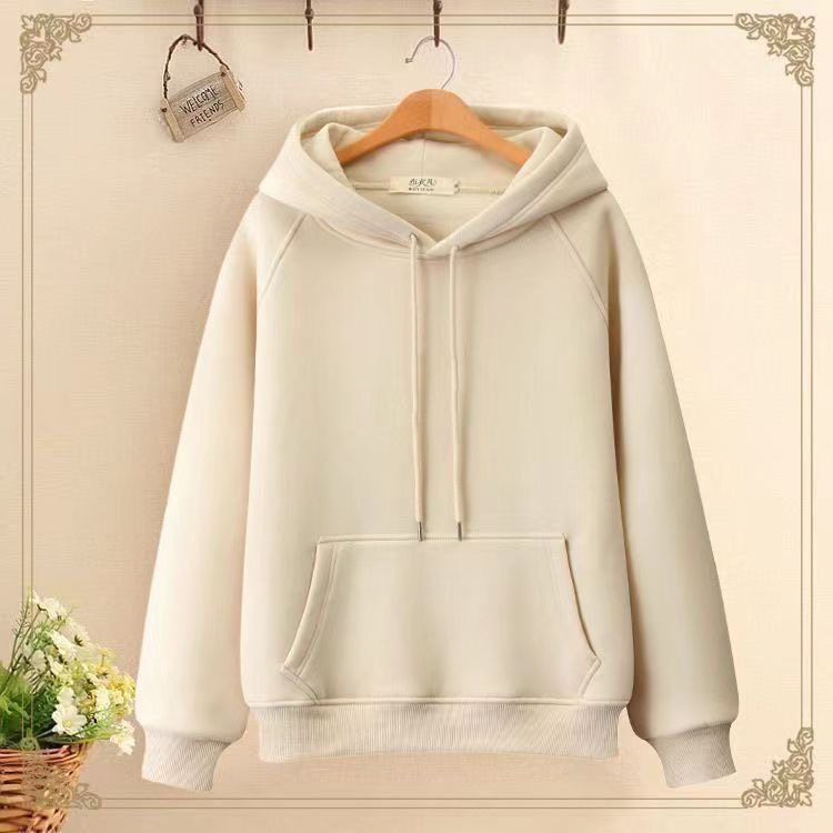 秋冬新款纯色加绒加厚连帽卫衣女学院风纯棉宽松百搭长袖上衣外套