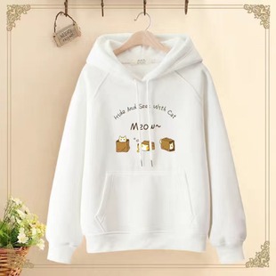 宽松百搭配印花学生外套潮 2025春秋季 新款 连帽卫衣女长袖 纯色薄款