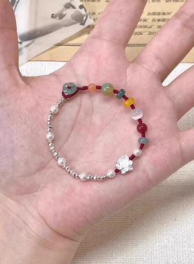 新中式小莲花多彩宝串珠手链手工编织绳碎银子手绳女精致古风手饰