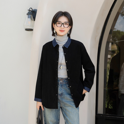 拼牛仔蓝撞色领休闲显瘦衬衫外套